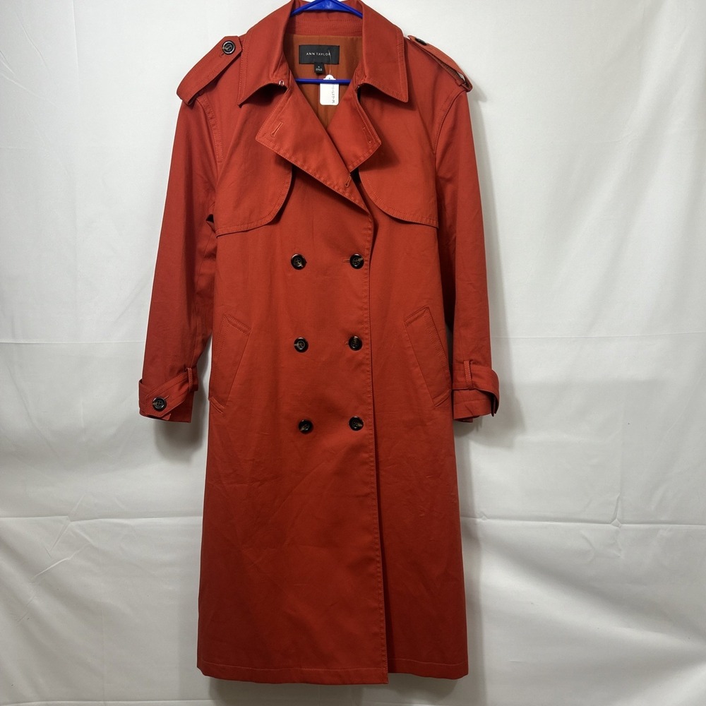 Ann Taylor Women's Red Orange Double Breasted Trench Coat Belted Pockets Long M